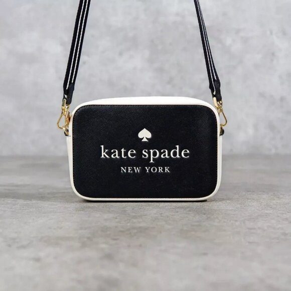 New Authentic Kate Spade Saffiano Mini Camera Bag Crossbody Black/white - Picture 1 of 6
